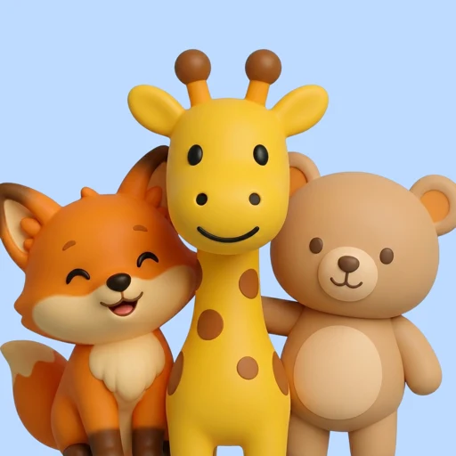 Un renard, une girafe et un ourson en pâte à modeler, serrés les uns contre les autres