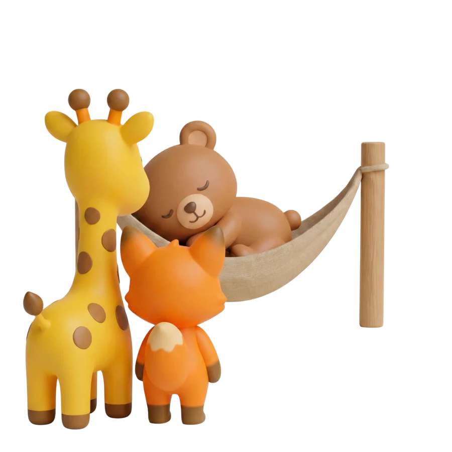 Un ourson qui dort paisiblement dans un hamac, veillé par une girafe et un renard