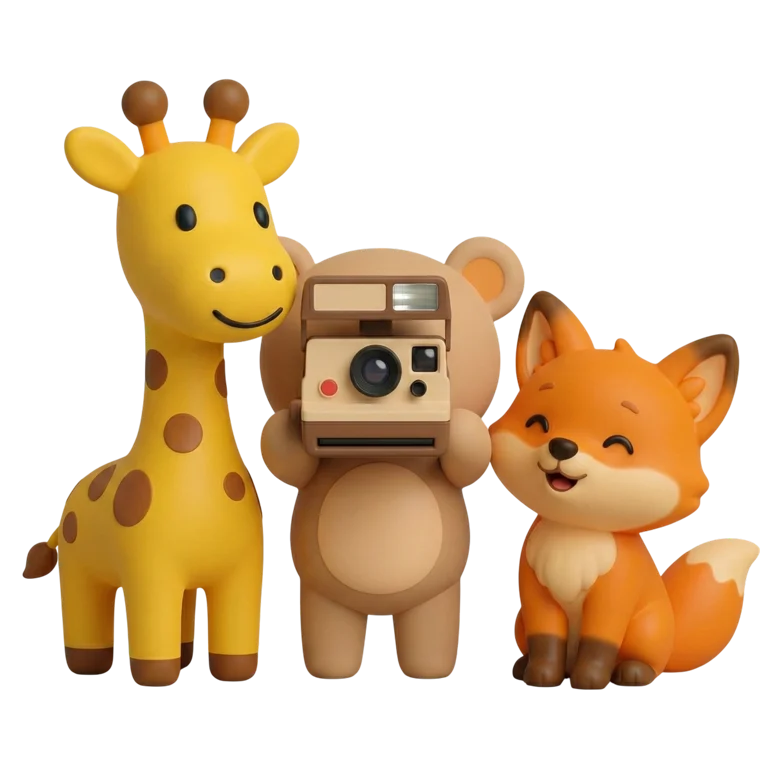 Un ourson prend une photo avec un appareil instantané, entouré d'une girafe et d'un renard
